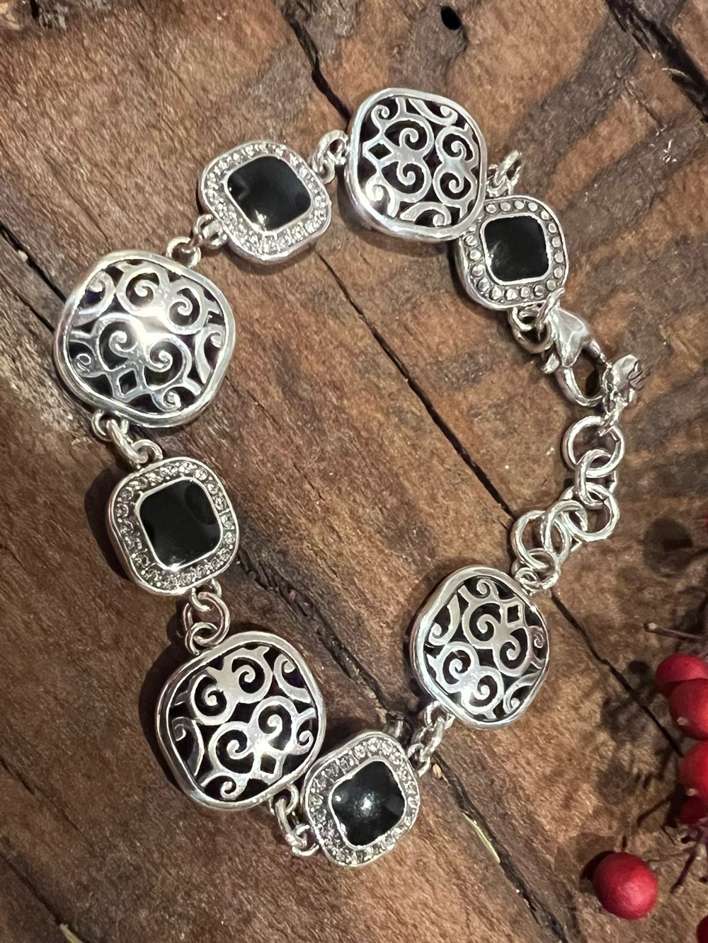 Brighton Fine Silver Plated Onyx Bracelet Square Links Filigree Hearts Swirls CZ